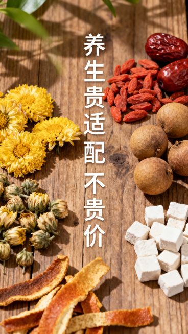 公众号首图，养生主题，画面展示多种平价家常中药材，包括菊花、枸杞、红枣、桂圆、陈皮、茯苓，摆放在古朴木质桌面上，清新自然风格，温暖自然光色调，干净简洁，突出主题“养生贵适配不贵价”，适合公众号封面，温预览效果