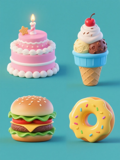 一组四个同风格的3D卡通食物插画，每个元素独立置于纯色背景上，整体色彩变换为不同色系，保持原有的圆润造型、光滑材质、柔和高光和底部轻微阴影效果。第一个是粉色系双层蛋糕，带白色奶油花边、点燃的蜡烛和星星饼干；第二个是蓝色系冰淇淋甜筒，堆叠着不同口味的冰淇淋球，顶部有樱桃；第三个是绿色系汉堡，夹着生菜、番茄片、芝士和肉饼，面包有芝麻点缀；第四个是黄色系甜甜圈，表面淋有糖霜，撒有彩色糖针，中心有圆孔……预览效果