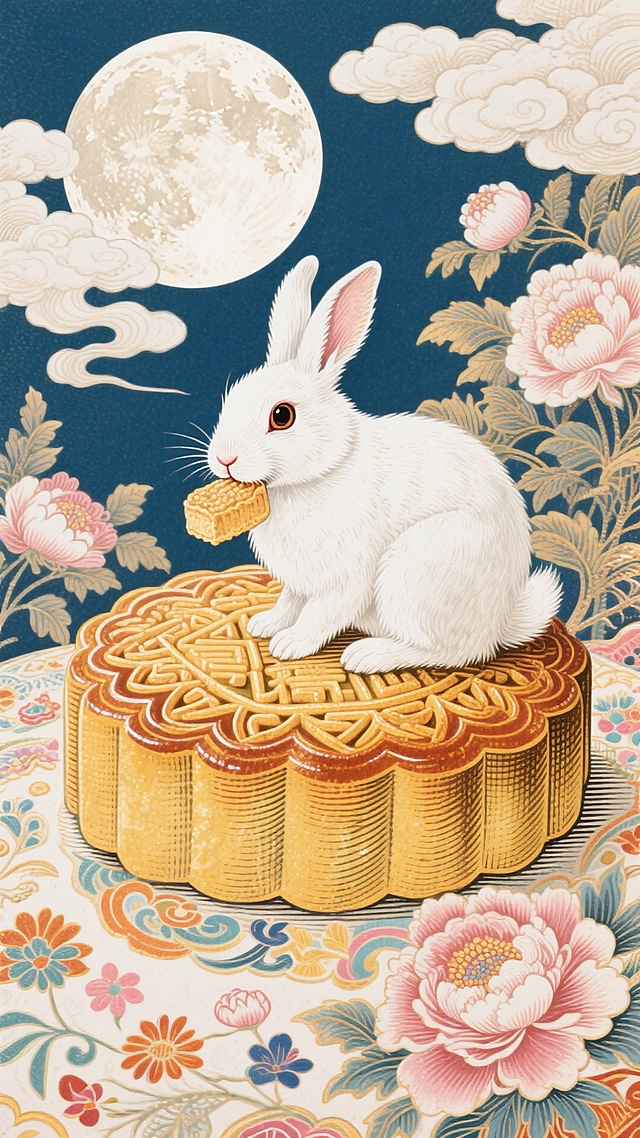 白兔蹲坐于精美月饼上，衔着饼儿，周围繁花簇拥，中式纹样铺展，满是中秋的甜蜜与雅致
