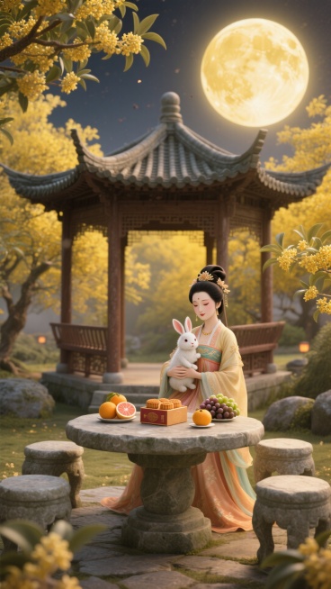 桂花林中有一座中式凉亭，凉亭里有石桌石椅，嫦娥坐在石椅上，嫦娥身姿轻盈曼妙，衣袂飘飘，嫦娥怀里抱着玉兔，石桌上摆着一盒月饼和一些葡萄柚子，凉亭顶的后面是一轮巨大的圆月。突显中秋节日氛围，黄色调基底。预览效果