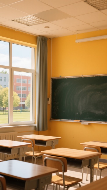 鲜艳明亮的暖色调，教室内景，三分之二可见黑板，三分之一为窗户，窗外是阳光明媚的校园风景，不要出现天花板，前景是课桌，桌面纹理清晰，无遮挡，聚焦在前景课桌上，画面重心居下预览效果
