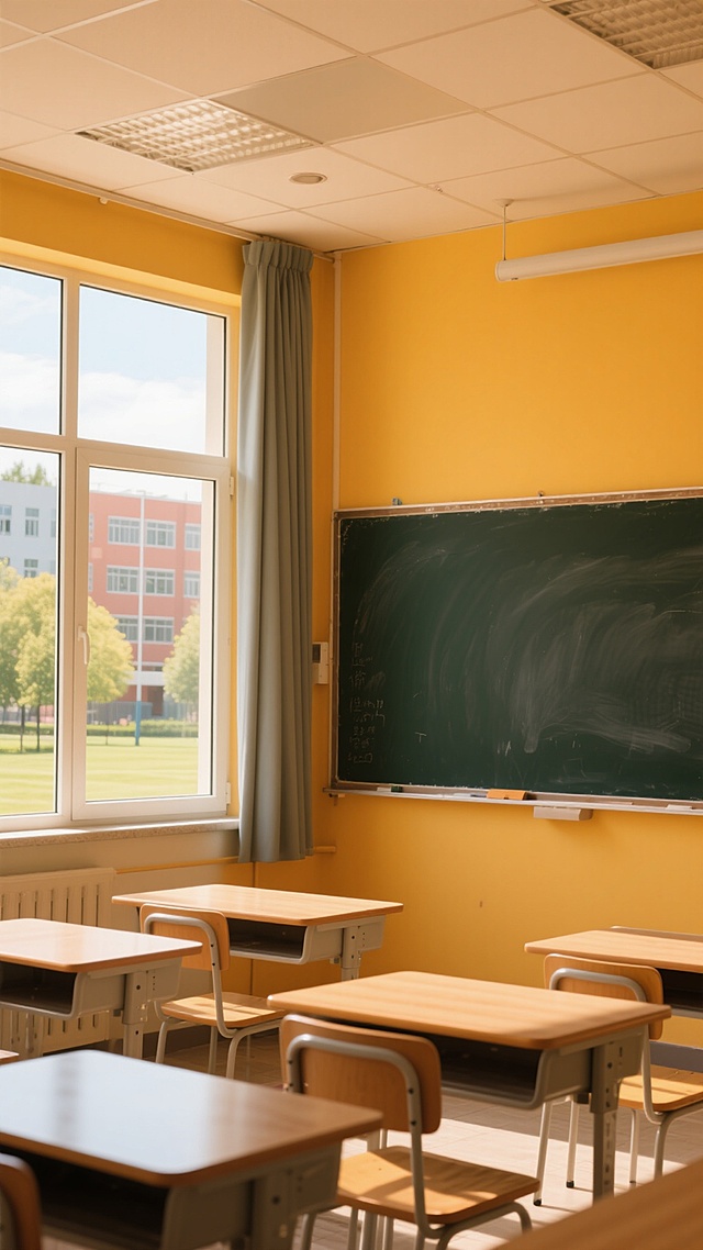 尺寸为1080X1920，，画面整体为鲜艳明亮的暖色调，背景为的教室内景（三分之二可见黑板，三分之一为窗户，窗外是阳光明媚的校园风景，不要出现天花板），前景是课桌（桌面纹理清晰，无遮挡），聚焦在前景课桌上，画面重心居下