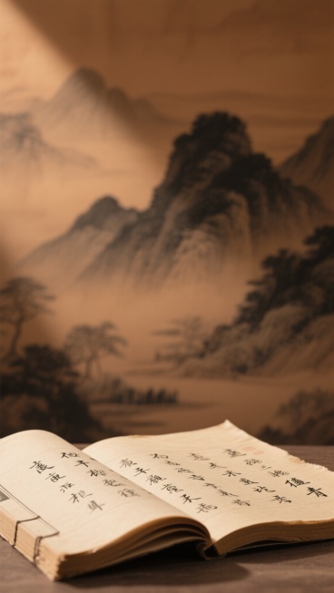 一张中式风格的背景素材图，画面干净整洁。前景是一本微微卷起的古旧线装书，泛黄的宣纸上写满了工整的黑色毛笔汉字，纸张边缘略带磨损，展现出岁月的痕迹。背景是朦胧的中国山水画风格，远山轮廓用墨色晕染，呈现出淡雅的赭石色和深棕色渐变，营造出宁静悠远的氛围。整体光影柔和，光线从左上方斜射下来，在书页上形成自然的明暗过渡和细微的高光，突出纸张的质感和文字的立体感。画面构图采用近实远虚的手法，主体书籍清晰聚……预览效果
