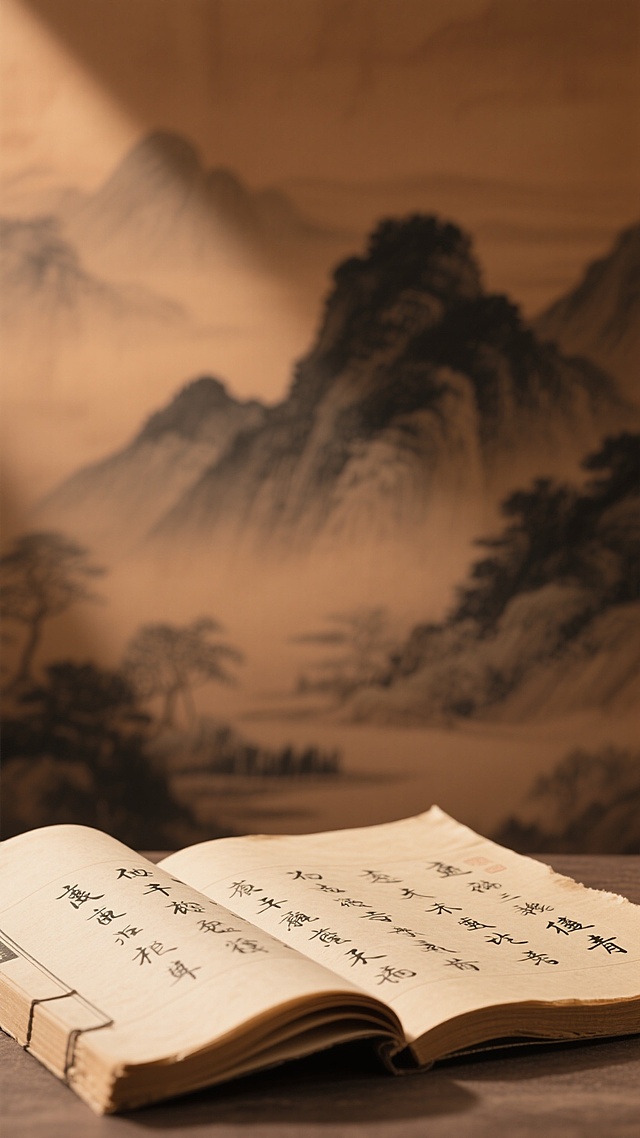 一张中式风格的背景素材图，画面干净整洁。前景是一本微微卷起的古旧线装书，泛黄的宣纸上写满了工整的黑色毛笔汉字，纸张边缘略带磨损，展现出岁月的痕迹。背景是朦胧的中国山水画风格，远山轮廓用墨色晕染，呈现出淡雅的赭石色和深棕色渐变，营造出宁静悠远的氛围。整体光影柔和，光线从左上方斜射下来，在书页上形成自然的明暗过渡和细微的高光，突出纸张的质感和文字的立体感。画面构图采用近实远虚的手法，主体书籍清晰聚焦，背景山水虚化，色调统一在古朴的暖棕色系中，具有浓厚的传统文化韵味，适合作为各类中式主题设计的背景素材。
