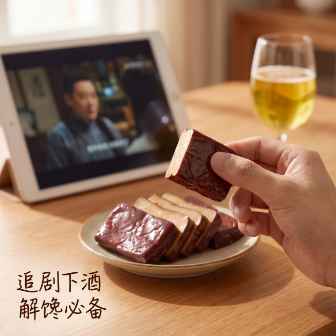 [主图 4] 重庆豆干食用场景展示。[氛围风格] 生活化治愈美食场景，真实有代入感。[画质] 自然随手抓拍质感，高清清晰，色彩自然。[元素] 保持豆干产品质地颜色与输入一致，第一人称视角，一只手拿起一预览效果