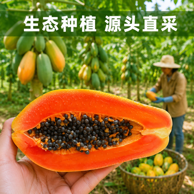 [主图-6] 茂名电白木瓜果园产地环境展示。[氛围风格] 原生态果园，自然健康。[画质] 高清真实摄影，自然通透。[元素] 前景放置半个切开的冰糖木瓜，背景是茂名电白生态木瓜园，连绵的木瓜树挂满果实，预览效果