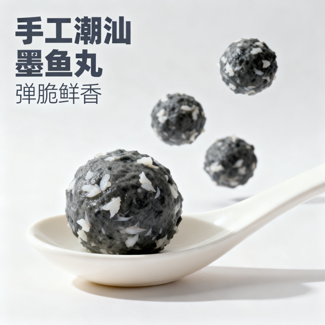 [主图 4] 潮汕墨鱼丸产品主图。[氛围风格] 现代极简风，灵动清新，整体风格光影配色构图和前三张主图保持完全统一，极具食欲感。[画质] 商业摄影质感，光线柔和通透，产品清晰真实，画面干净高级，超高清预览效果