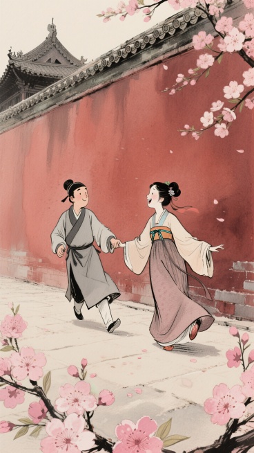 正面，远景，暗红色宫墙背景，人物身穿古代服饰，一个男子拉着一个女子嬉笑，暖色调浪漫感氛围，桃花点缀预览效果