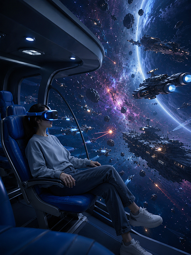 参考图片的观光舱构图，生成一张星际探险主题的VR体验图片，观光舱内有一位戴着VR眼镜的女孩子，窗外是浩瀚宇宙，包含宇宙飞船、军舰和陨石，科幻氛围感，4K高清画质