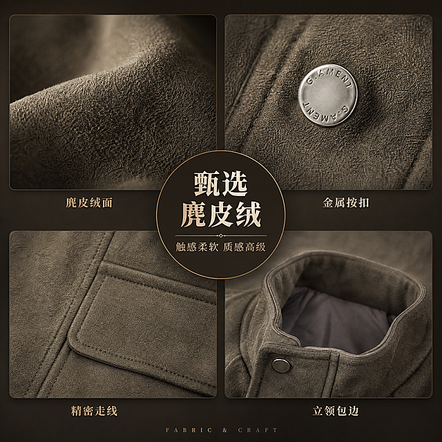 [第4张] 详情页面料工艺页-麂皮绒材质微距+细节工艺展示。本张使用【图1】作为产品细节来源。
[氛围/风格] 高级质感微距风，细腻真实，工艺感强，商业摄影微距质感。
[元素布局] 画面采用2×2宫格布局，四个细节特写：左上为麂皮绒面料微距特写（绒面纹理清晰），右上为金属按扣细节（刻字+光泽），左下为胸袋缝线工艺（走线整齐），右下为立领内里包边；中心区域为圆形主标题区；背景为深棕色渐变，每个细节图有柔和光晕和投影；所有细节颜色、材质与输入图一致。
[光影质感] 侧光突出面料纹理和金属光泽，每个细节有独立光源，质感强烈，麂皮绒绒面立体感强。
[配色色系] 全局底色 #2B241C（深棕近黑）；主色橄榄绿面料；辅助色金属银、深棕、暖光金色。
[视角构图] 中心放射式构图，四宫格对称分布，阅读动线从中心标题向四周细节展开。
[文字版式] 标题字形为衬线粗体，中心圆形区域排版。主标题「甄选麂皮绒」，副标题「触感柔软 质感高级」；四个细节图下方分别标注小字：「麂皮绒面」「金属按扣」「精密走线」「立领包边」；底部小号英文「FABRIC & CRAFT」。文字精致不抢画面。
[比例分辨率] 1:1 方图比例，2K 分辨率，文字清晰可辨，高清画质。
[负向提示词] 面料变形，颜色偏差，水印，文字错乱，细节模糊，背景杂乱，纹理不清晰。