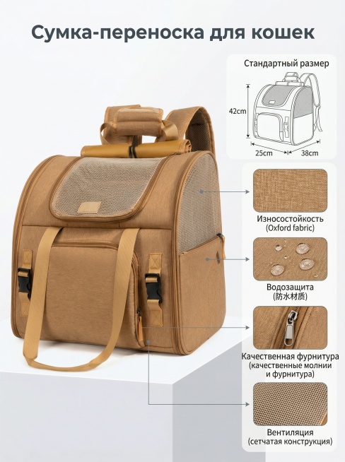 基于参考图生成Ozon电商详情副图，3:4竖版构图，商业产品摄影风格，8K超清，质感细腻，无水印，柔和均匀的无影棚拍光影。主体是卡其色宠物双肩包，放置在哑光白低矮展台上，包包轻微45°侧摆，完整展示包预览效果