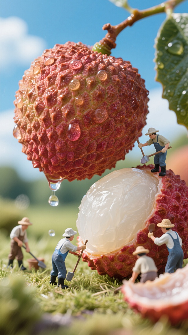 水彩风微缩艺术，小人耕作于巨大荔枝间，清新趣味，超现实主义风格。