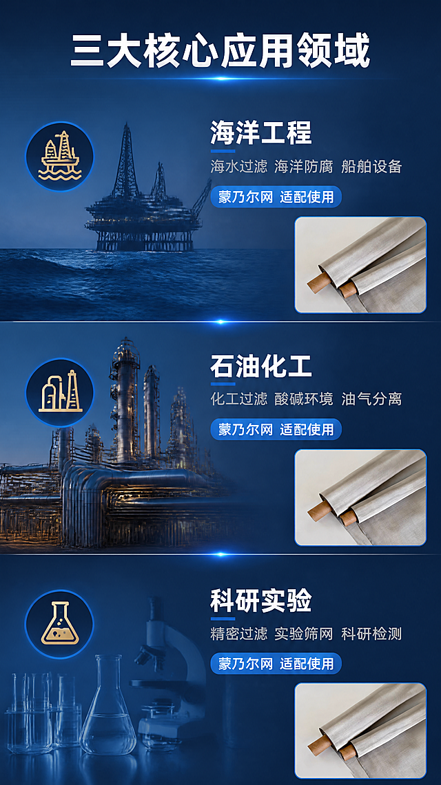 [第3张] 应用场景展示页-蒙乃尔网三大适用领域说明。本张使用【图1】作为产品小图展示。
[氛围/风格] 工业场景风，深蓝渐变背景，三大场景分区展示，专业大气。
[元素布局] 画面纵向分为三大场景区块，每区约占1/3高度：上部海洋工程场景（海浪+海上平台剪影）、中部石油化工场景（炼油厂管道剪影）、下部科研实验场景（实验室器皿剪影）；每个场景区左侧有场景图标，右侧有场景说明文字和一小张蒙乃尔网产品缩略图；顶部有总标题。
[光影质感] 深蓝色渐变背景带微光效，每个场景区块有分隔线和微光点缀，产品缩略图清晰有质感。
[配色色系] 全局底色 #0A1F3D 到 #1A3A6B 深蓝渐变；主色 #4A90D9（亮蓝）；辅助色 #FFFFFF、#D4AF37（金色）。
[视角构图] 纵向三段式布局，阅读动线顶部标题 → 上中下三场景依次阅读。
[文字版式] 顶部主标题「三大核心应用领域」，白色加粗大字；每个场景区：场景名称（白色大字）+ 应用说明（浅灰小字2行）+ 「蒙乃尔网 适配使用」蓝色标签；海洋工程区说明「海水过滤 海洋防腐 船舶设备」；石油化工区说明「化工过滤 酸碱环境 油气分离」；科研实验区说明「精密过滤 实验筛网 科研检测」。
[比例分辨率] 9:16 竖版比例，4K 分辨率，文字清晰可辨，高清画质。
[负向提示词] 文字错乱，场景图标模糊，颜色偏差，水印，排版拥挤。