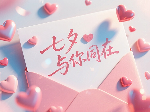文字"七夕 与你同在"，字写在信封上，手写字体，有笔触，线条流畅，浪漫七夕氛围。点缀爱心元素。
