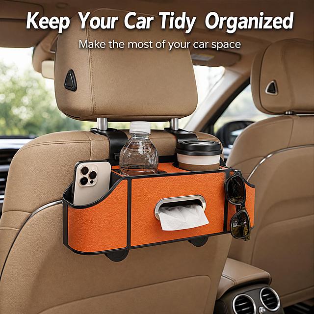 [主图-4] 汽车座椅收纳盒 Car Seat Back Organizer 车内真实使用场景图。
[统一基调] 亚马逊跨境电商生活方式风格，真实车内场景，自然光线，英文文案，无中文，商业摄影质感。
[画面] 真实汽车内部场景，橙色皮革款收纳盒安装在汽车前排座椅后背的头枕杆上，稳固悬挂。车内座椅为浅棕色真皮内饰，与产品橙色协调搭配。收纳盒内放置了真实物品：顶部水杯架放着一瓶矿泉水和一杯咖啡，中间纸巾盒露出纸巾一角，侧边储物格放着手机和墨镜。后排视角拍摄，能看到收纳盒的完整使用状态，车内环境整洁有序，体现产品让车内空间变整齐的效果。
[光影质感] 自然光从车窗射入，柔和自然，车内光影真实，产品与车内环境融合自然，没有悬浮感，皮革材质在自然光下有真实的质感表现。
[配色] 真实车内暖棕色系环境，产品橙色突出，整体色调温暖舒适。
[文字版式] 画面顶部或底部留白处有英文标题："Keep Your Car Tidy  Organized"；字体简洁现代，白色文字带轻微阴影保证可读性，不遮挡产品主体。
[输出要求] 1:1正方形，2048x2048像素，场景真实自然，产品清晰，安装结构合理无穿模，无水印无平台Logo。