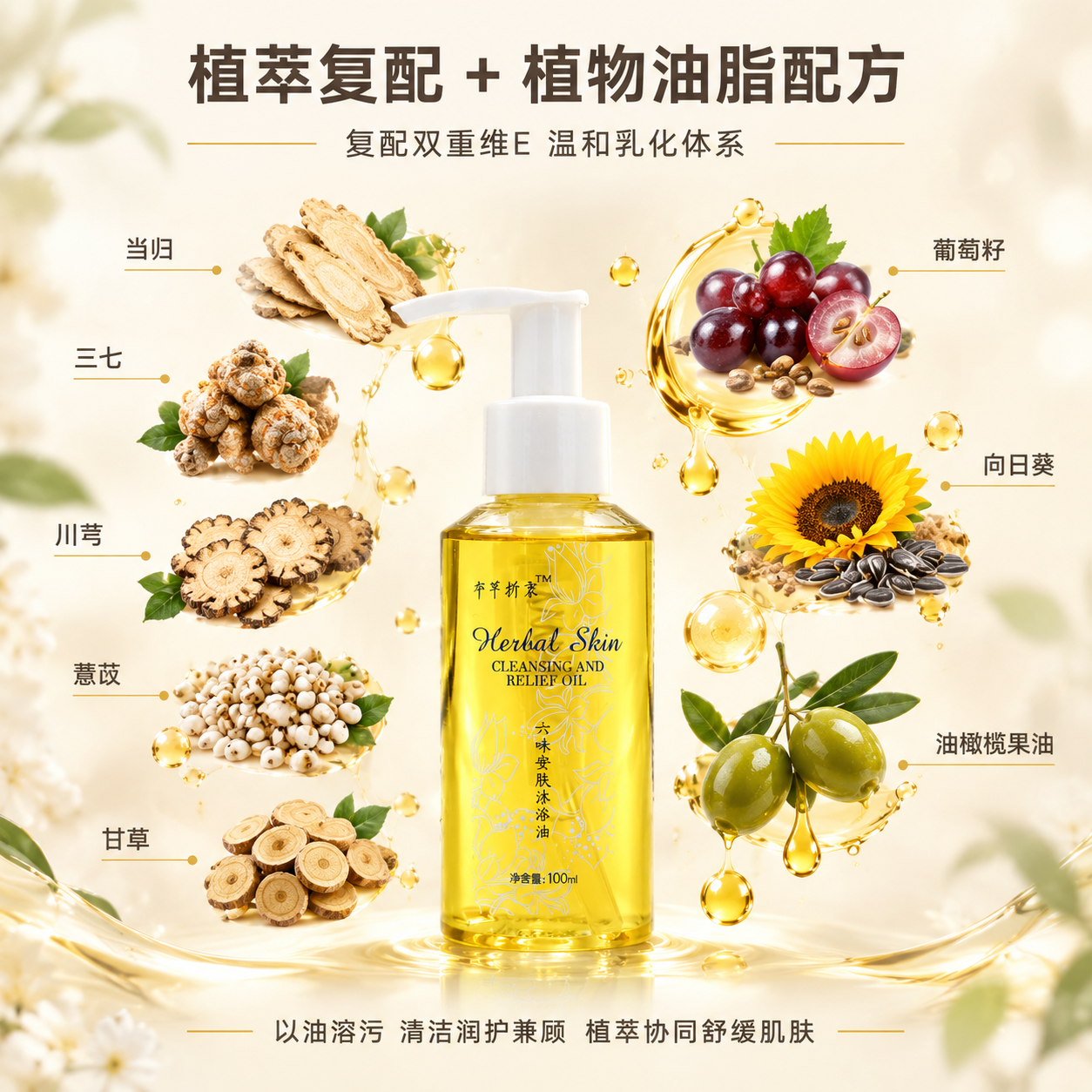 [主图-3] 核心成分展示，植萃复配+植物油脂配方，成分环绕产… - 图片创意预览