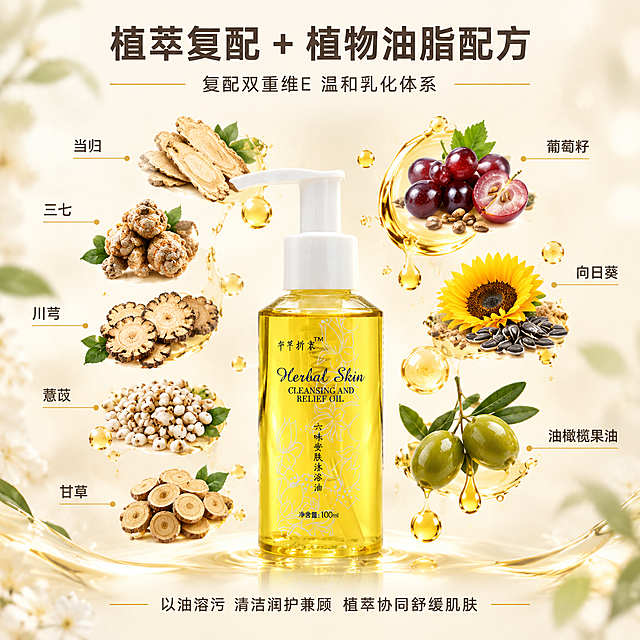 [主图-3] 核心成分展示，植萃复配+植物油脂配方，成分环绕产品的高端成分解析图。
[统一基调] 京东风格，简洁稳重，文字占比<30%，一图一重点；整体高端通透，奶油白+蜂蜜金黄主色调，浅金色柔光点缀，干净非衬线标题字体，深棕灰辅助字色，金色强调色。
[画面] 产品瓶身位于画面中心偏下，占画面约40%，正面展示，瓶身透亮金黄。产品上方和两侧悬浮环绕着各种真实的植萃原料和植物油脂滴液：当归切片、三七根茎、川芎片、薏苡颗粒、甘草片，以及葡萄籽、向日葵籽、油橄榄果的特写和晶莹的油滴。每种成分用纤细的金色引线连接到对应的名称标签。背景为浅奶油白渐变，有柔和的光斑和淡淡的植物纹理，整体自然纯净。
[光影质感] 产品通透有光泽，植萃原料真实自然有质感，油滴晶莹剔透有折射，整体柔光环绕，自然清新，高端纯净。
[配色] 背景浅奶油白，产品金黄色，成分自然本色（棕、绿、米白），引线和标签金色，文字深棕灰。
[文字版式] 顶部大标题居中，深棕灰色粗体。成分名称标签为小号深灰色文字，配金色细线引线。底部有一行小字说明。
标题："植萃复配 + 植物油脂配方"
植萃成分标签："当归" "三七" "川芎" "薏苡" "甘草"
油脂成分标签："葡萄籽" "向日葵" "油橄榄果油"
中间小字："复配双重维E 温和乳化体系"
底部小字："以油溶污 清洁润护兼顾 植萃协同舒缓肌肤"
[输出要求] 1:1正方形比例，2048*2048，文字清晰可读，成分真实自然，产品清晰透亮。禁止变形、错字、模糊、杂乱、水印、京东Logo、夸张宣传。