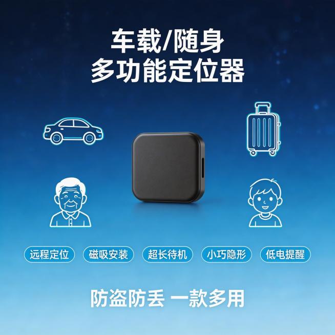 [主图 5] 定位器多场景应用卖点总结主图，主图主题是核心卖点全景展示。氛围风格为专业科技感电商主图。画面元素：产品居中摆放，周围环绕使用场景图标示意（车辆、箱包、老人小孩），背景为渐变深蓝色科技感背预览效果