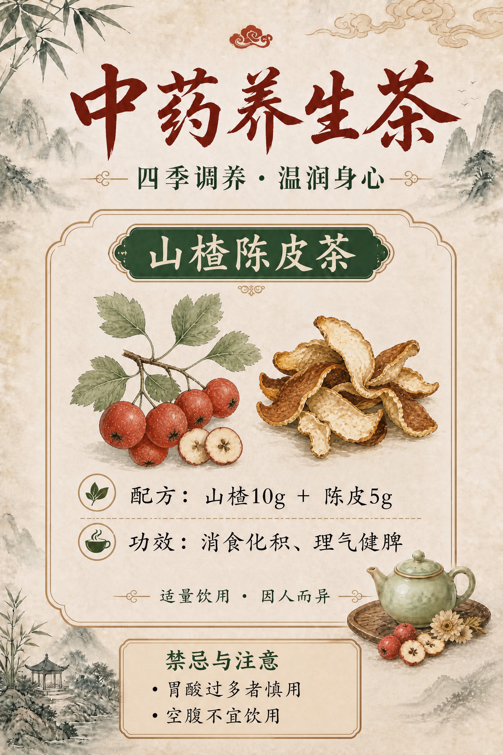 基于参考图的山楂陈皮茶海报，重新调整底部禁忌与注意板块，使其排… - 图片创意预览