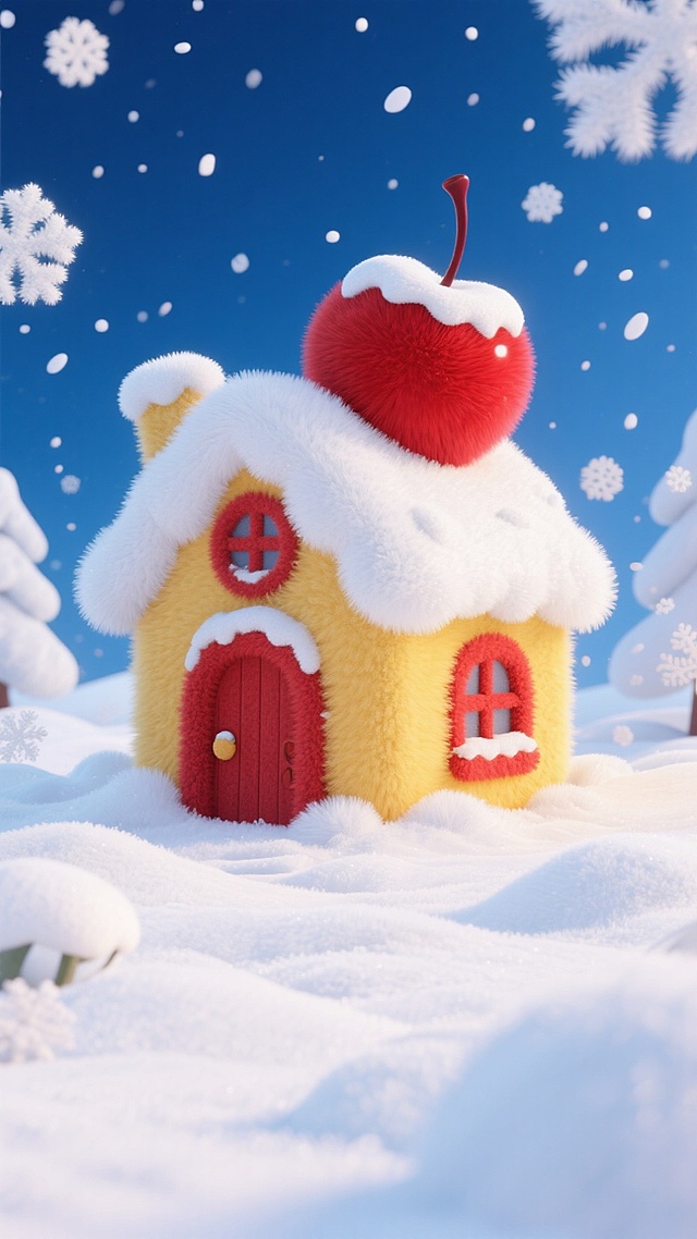 画面中心是黄色小房子（红色门和窗），屋顶覆盖白雪，房顶上有一个巨大的被雪覆盖的红色樱桃，深蓝色天空，周边飘着白色雪花，地面有积雪