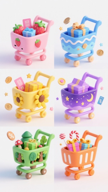 六个风格各异、色彩缤纷的购物车，以整齐的网格状排列在纯白色背景上。每个购物车都保持了圆润可爱的3D卡通造型和光滑塑料质感，但具有独特的外观设计和主题元素：第一个是粉色草莓主题购物车，点缀着草莓图案和绿色叶子，车内装满草莓礼盒和粉色购物卡；第二个是蓝色海洋主题购物车，带有波浪纹路和贝壳装饰，车内有蓝色礼盒和海洋元素；第三个是黄色向日葵主题购物车，有向日葵图案和黄色花瓣装饰，车内是黄色礼盒和太阳花……预览效果