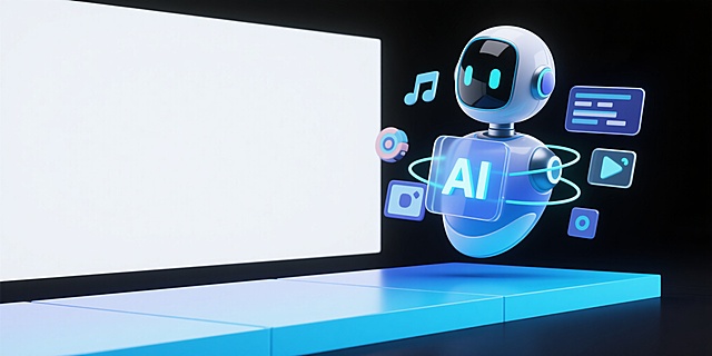 3D渲染，未来科技感，通透玻璃质感，蓝白色调，画面右侧是一个流线型3D人工智能形象，悬浮状态无底座，面前有发光“AI”图标，周围环绕动态数据光效与简化版媒体图标（音乐/照片/视频），地面为渐变蓝色几何平台，左侧2/3区域纯白背景留白，极简悬浮布局，工作室照明，OC渲染，C4D，光线追踪，UI头部用途