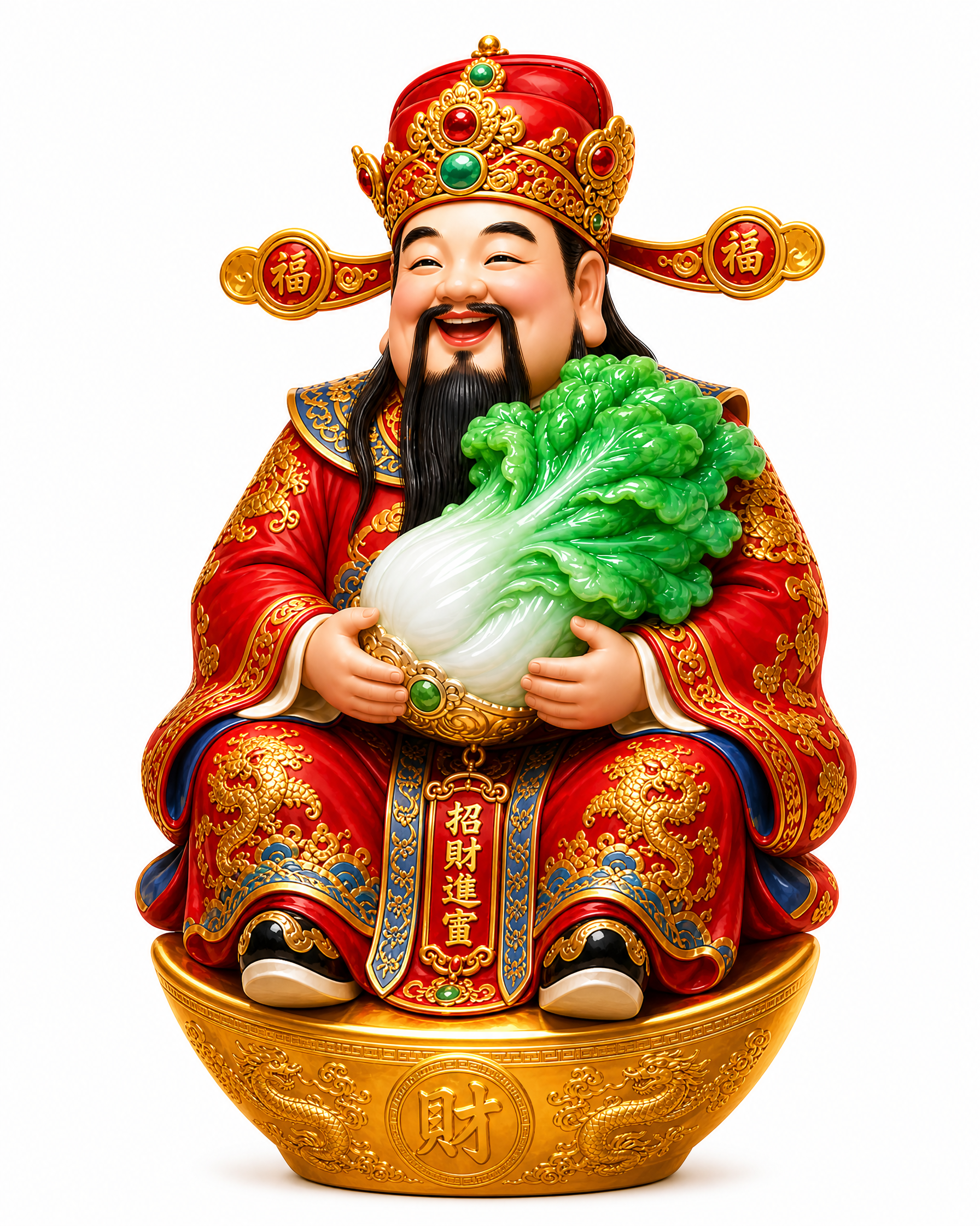 保持第一张图财神的服饰、面容、长胡须、官帽、玉石白菜、金色元宝… - 图片创意预览