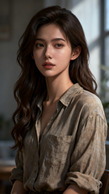 一位清冷美女，深棕长发微卷轻柔垂落在肩侧，暖调蜜色肌肤质感细腻如缎，身穿宽松亚麻衬衫，日常抓拍形式，3D厚涂风格，CG插画写实且富有故事感，高清画质预览效果