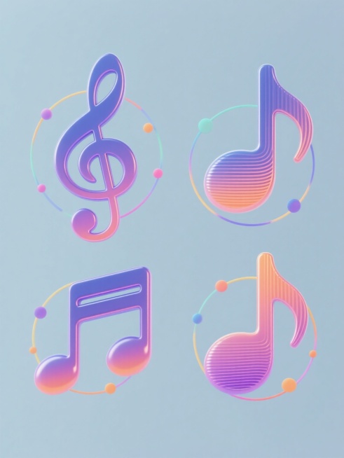 四个规整排布的音乐符号，每个符号造型简约现代，采用光滑圆润的3D渐变金属质感，主色调为蓝紫色到粉橙色的渐变，带有细腻的纵向拉丝纹理，周围环绕着纤细的彩色光环和点缀的小圆点，所有元素置于纯色背景上，无任何文字、logo和水印。预览效果
