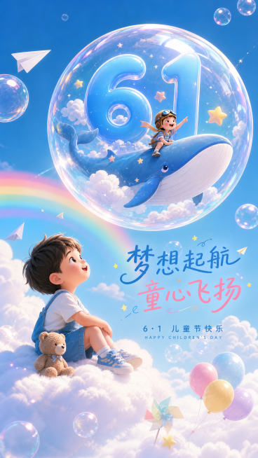 竖版六一儿童节海报，梦幻治愈插画风，澄澈蓝天与棉花糖云朵做背景，点缀彩虹和泡泡。小男孩坐在云端抬头仰望巨大透明气泡，气泡里装着蓝色数字"61"和骑着鲸鱼的孩童，整体画面充满童话感与想象力，搭配主题文案预览效果
