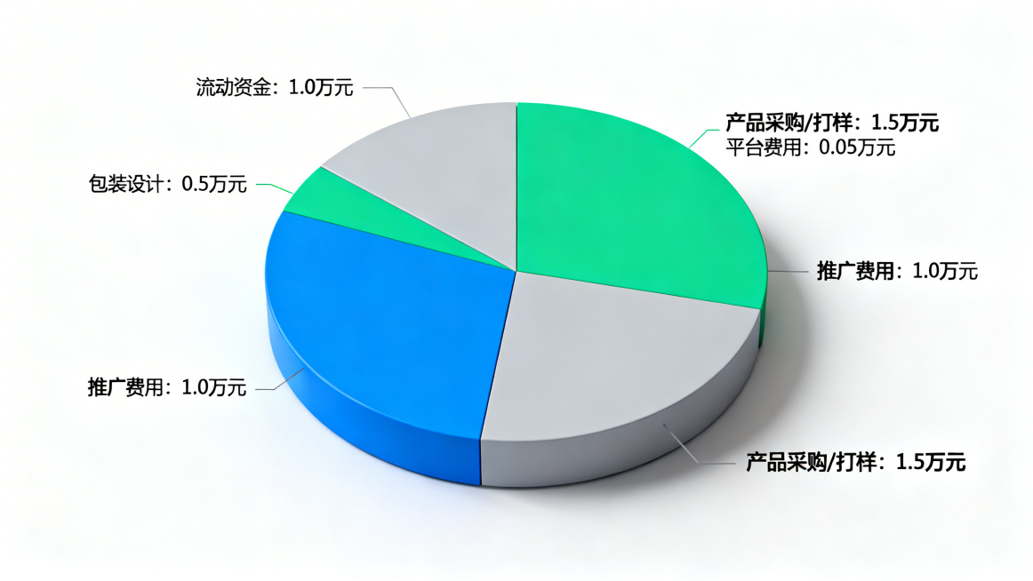 根据创业项目预算表格数据生成清晰直观的饼图图表，标注出产品采购/打样1.5万元、平台费用0.05万元、推广费用1.0万元、包装设计0.5万元、流动资金1.0万元各自的占比和对应金额，整体风格简洁商务，预览效果