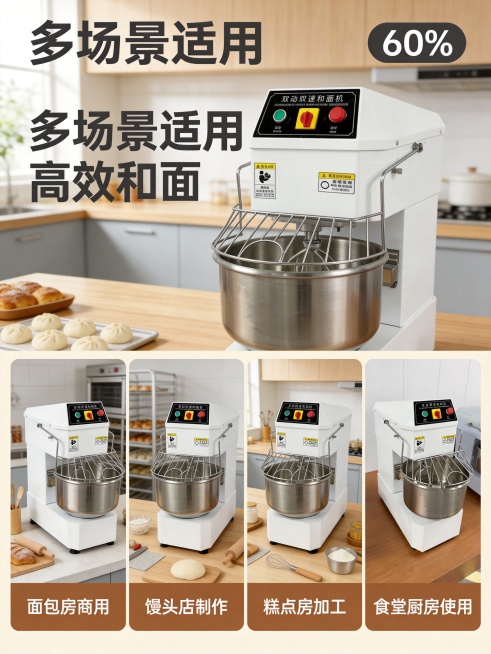 [主图-4] 双动双速和面机适用场景展示图。
[氛围风格] 实用场景化展示，贴近商用使用环境
[画质] 商业摄影质感、光线柔和通透、产品清晰真实、画面干净高级
[元素] 保持双动双速和面机产品外观与输预览效果