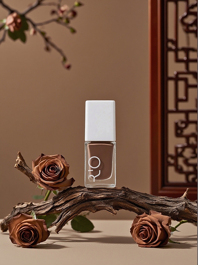 抠出主体，保留主体形状和颜色。前景是主体置于古朴枯树枝上。几朵棕色玫瑰花点缀枯枝。后景有树枝花朵点缀，背景是棕色墙面和中式屏风花窗。景深效果。