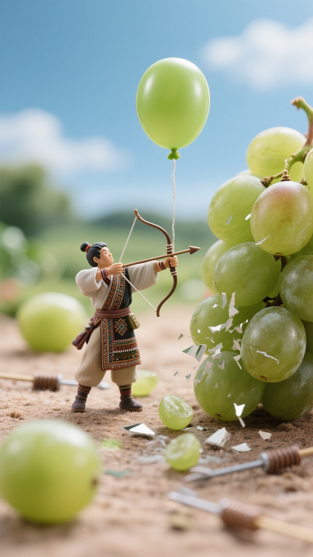 清新卡通风，微缩艺术展现射箭少女与葡萄的趣味互动，创意十足。