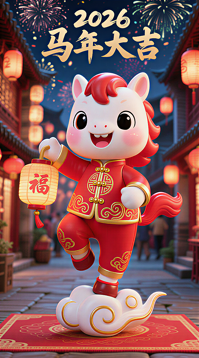 软3D风拟人小马，身着国潮红金唐装，手持灯笼立于祥云，夜市烟花映衬，喜庆卡通感十足，2026马年大吉。