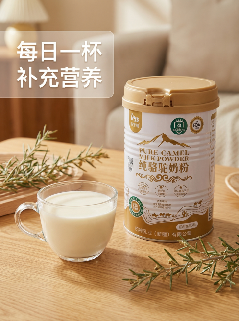 [主图 4] 饮用场景体验展示
[氛围风格] 生活温馨，健康舒适
[画面元素] 商业摄影质感，光线柔和通透，产品清晰真实，画面干净高级。保留原奶粉罐外观，放置在木质桌面，旁边搭配一杯冲调好的驼奶，杯中预览效果