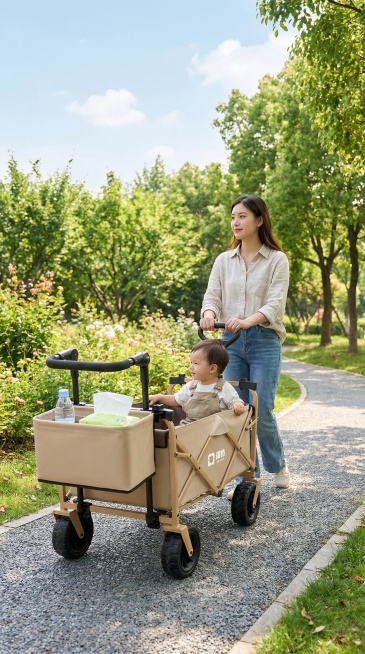 8K超高清摄影，写实风格，户外公园散步场景，晴朗的淡蓝色天空点缀少量白云；画面内容为年轻妈妈推着推车，小孩坐在车里面看风景，推车的推杆下方的卡其尾兜里面装着水杯和纸巾，整体氛围自然治愈、明亮清新，色彩预览效果
