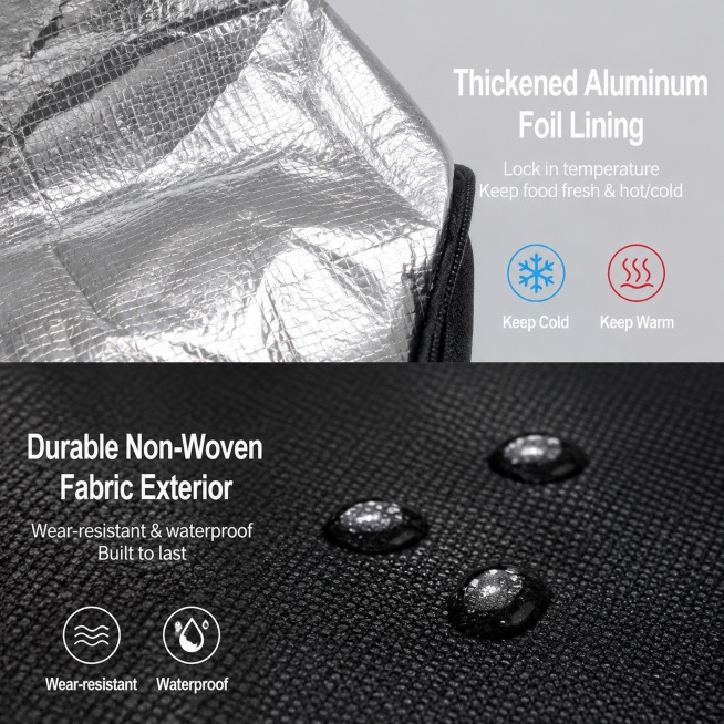 [Main image 3] Material detail close-up shot of black insulated cooler bag. Focus on close-up of inn预览效果