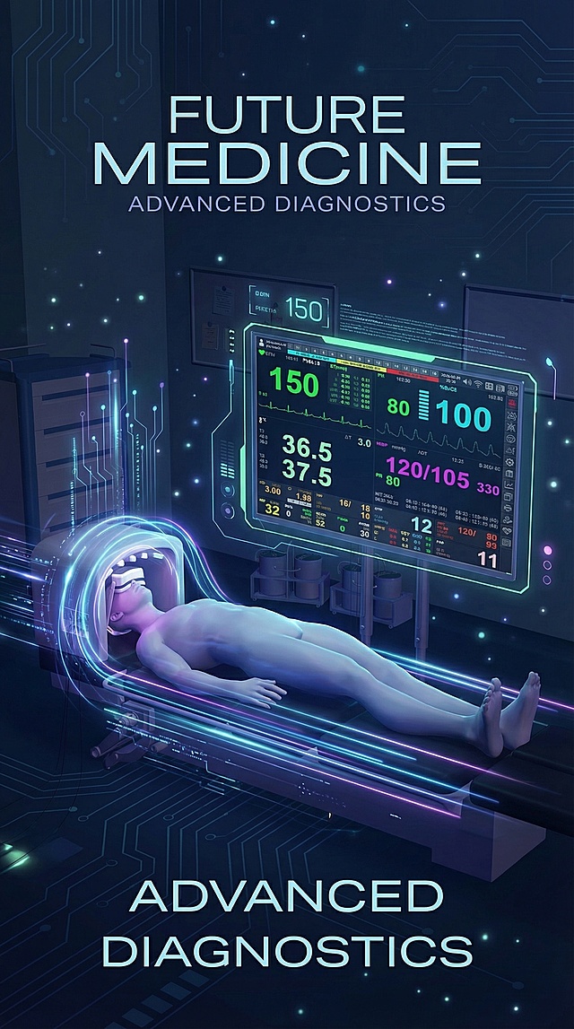 将这张医疗科技相关的图片设计为科技感海报，整体风格未来感十足，画面精致清晰，添加科技线条与光效点缀，风格高级简约，保留原有医疗监测设备、检测人体和数据显示屏的核心元素