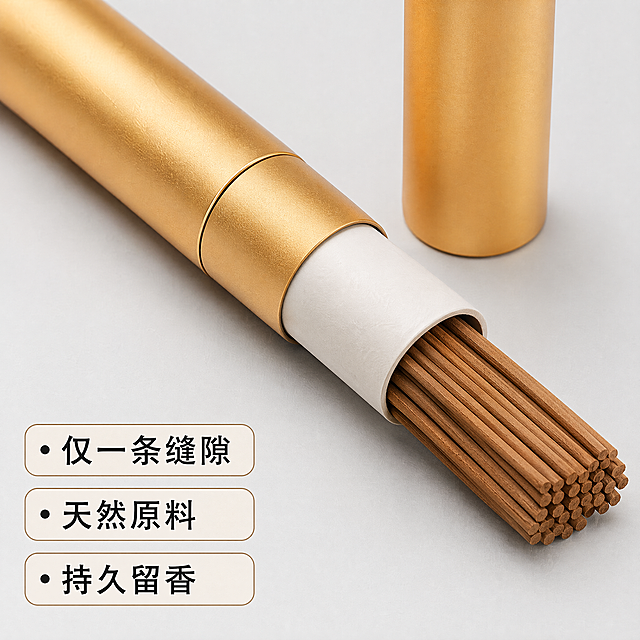 [主图-2] 沉香线香细节特写卖点图 材质工艺聚焦 商业摄影高清通透 特写展示香筒仅一条缝隙的加长管口设计 与内部整齐排列的天然沉香线香 保持产品外观材质颜色与参考图一致 杜绝变形色差 商品主体占比70%满屏无边框 均匀柔光突出缝隙结构与木质纹理 配色浅灰背景+哑光金产品对比清晰 俯视微仰视角焦点精准 左下分点排布："仅一条缝隙" "天然原料" "持久留香" 黑字浅底清晰醒目 1:1比例4k分辨率文字清晰 负向提示词:变形水印文字错乱产品模糊背景杂乱