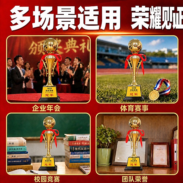 [主图-7] 金色冠军奖杯 多场景适用，复刻第七张模板图完整版式，仅替换奖杯款式。
[统一基调] 完全沿用模板图视觉：深红色背景，顶部白粗黑体大标题，下方2x2四宫格，金色圆角边框，每格下方金色小字。
[画面] 以模板图为准，顶部标题与四宫格位置、比例、圆角金色边框完全不变；四格场景分别保留企业年会颁奖、体育赛事田径场与金牌、校园竞赛书桌书本、团队荣誉办公柜证书奖牌；四格中的奖杯全部替换为第二张图提供的新款奖杯：顶部抛光镜面金色圆球、球下环形颈部，锥形漏斗状杯身带竖向条纹理，两侧细长镂空支架状双耳，颈部垂下红色丝带，细柄连接黑色梯形底座配金色长方形铭牌；只取用奖杯本体，去除原图的红色门、木桌等背景元素；四格内款式完全统一，杯身弧线、双耳结构、丝带走向、底座比例与产品图一致，不得变形改色。
[光影质感] 每格保留模板中各自场景的自然光线，奖杯在场景中光影自然融入，有真实接触阴影，无悬浮感与硬切边缘。
[配色] 背景深红，主标题白色，宫格边框金色，场景保持真实环境色，奖杯金色统一。
[文字版式] 文字内容与模板完全一致不修改：主标题"多场景适用 荣耀见证"，四格下方分别为"企业年会""体育赛事""校园竞赛""团队荣誉"，字体、字号、颜色、位置均不变，文字不遮挡主体。
[输出要求] 1:1方形构图，文字清晰无错字，奖杯不变形不残缺，无水印无平台Logo无杂乱元素。