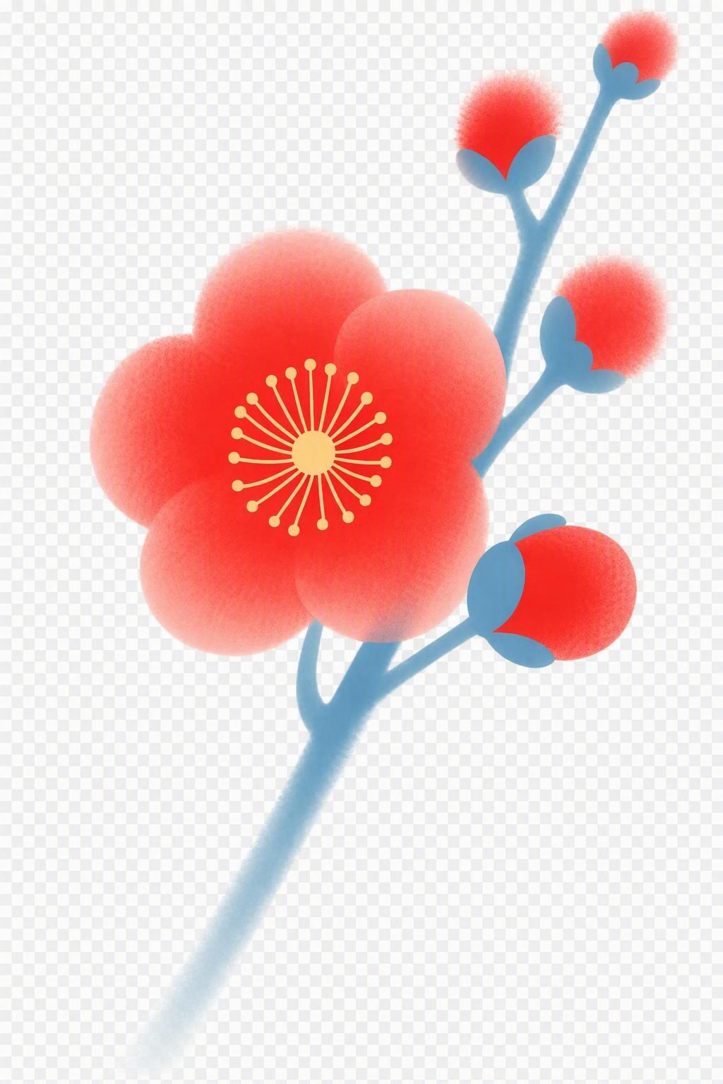 去除图中所有文字，去除白色背景，保留完整的红色梅花和蓝色花枝图… - 图片创意预览