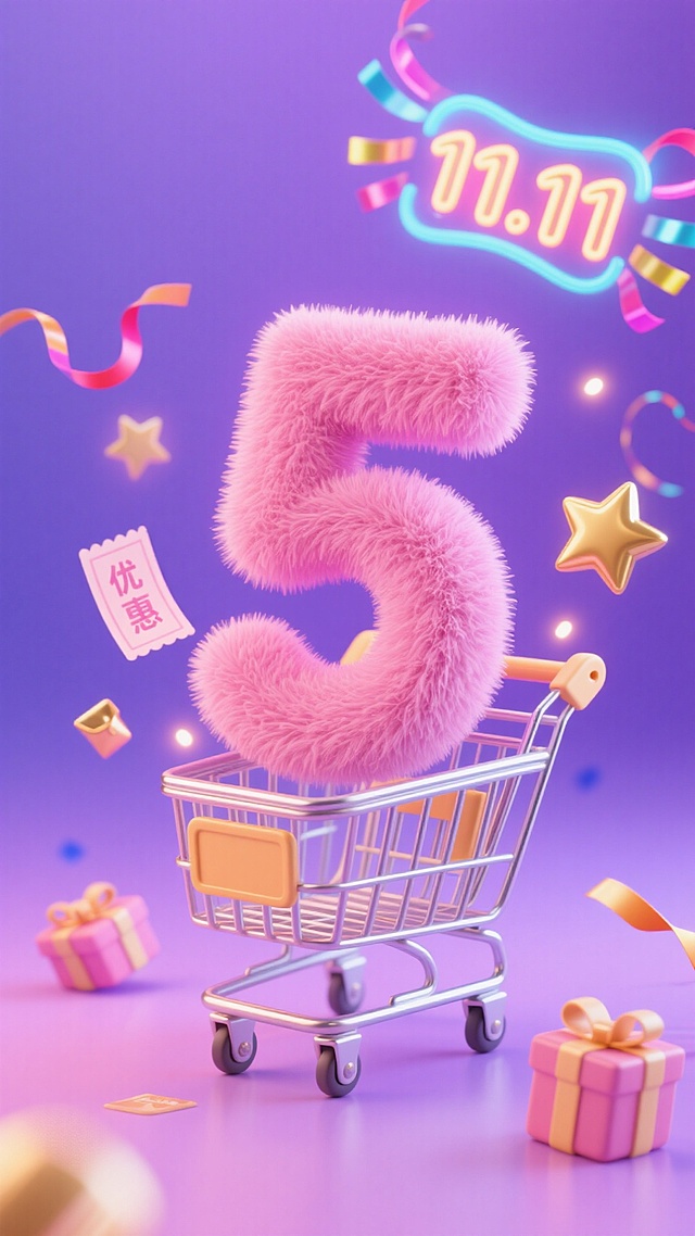 毛绒质感的粉色数字“5”置于购物车中，搭配霓虹灯风“11.11”标识，软3D风格营造梦幻甜蜜氛围，点缀礼盒与彩带，传递双11喜庆促销感。