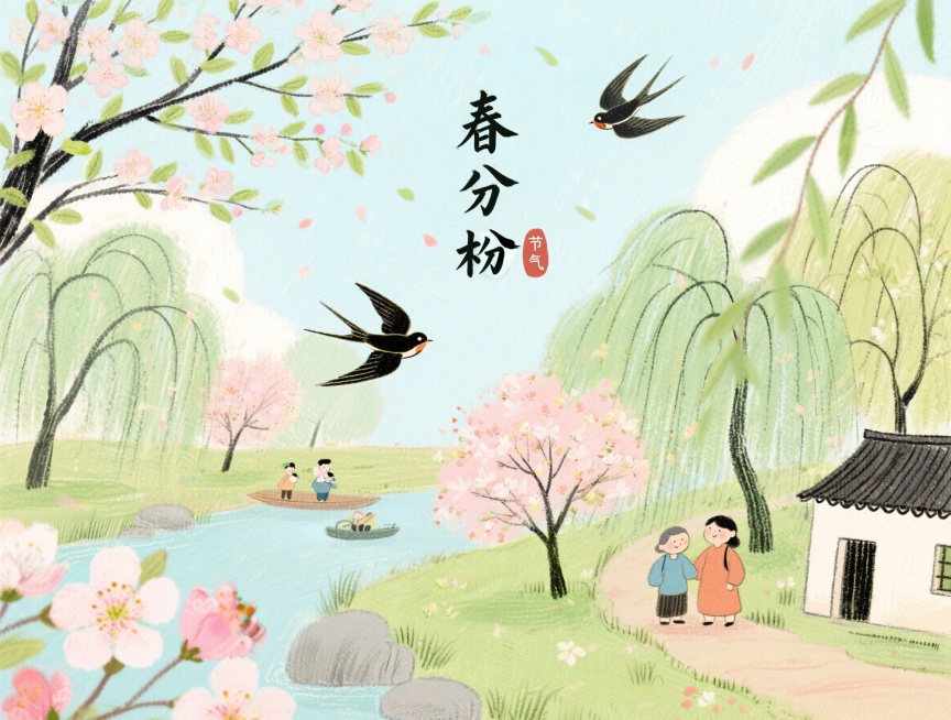 插画风格春分节气海报，画面清新，包含春日花开、燕子等春季元素，突出春分主题预览效果