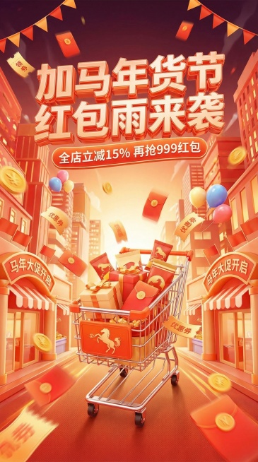 电商活动促销设计海报，画面主标题“加马年货节 红包雨来袭”，副标题“全店立减15% 再抢999红包”，字体采用3D立体透明色亚克力材质。画面中心有一个的购物车，购物车里放着礼盒、红包、零食，整体采用红预览效果