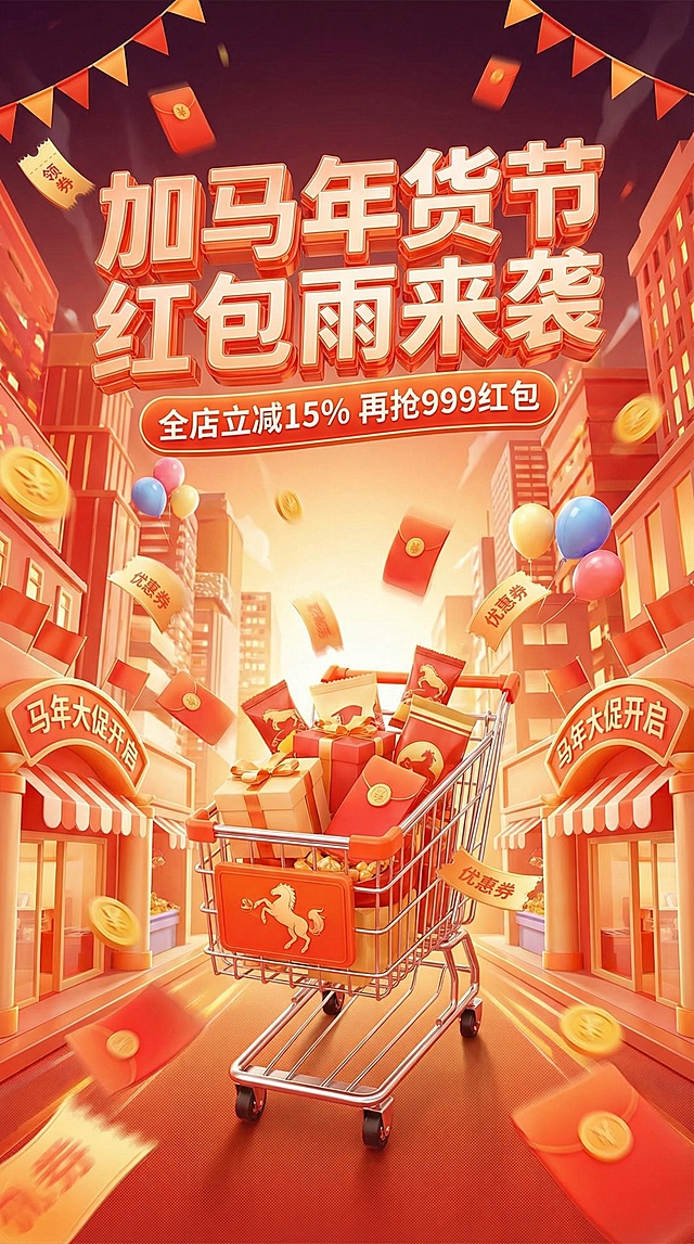 3D重拟物风格，国潮风融合卡通元素，喜庆红金配色，购物车满载红包礼盒，粒子光效与光影流动营造促销氛围，春节年货节主题突出。