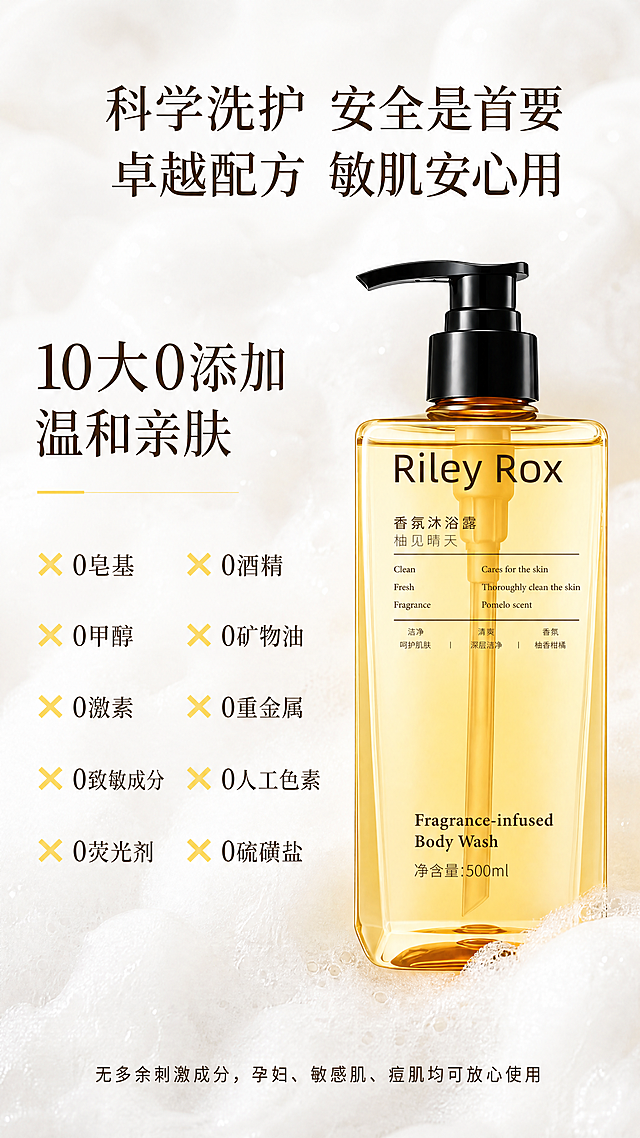 [第8屏] 安全配方-RILEY ROX「柚见晴天」香氛沐浴露10大0添加展示。本屏使用【图1】作为商品主体，参考【图9】的版式设计。
[氛围/风格] 干净安全治愈风，柔和泡沫背景，自然清新，商业摄影质感。
[元素布局] 沐浴露产品放在画面右下区域，占据约50%区域，保持产品透明方形瓶身、琥珀黄色液体、黑色按压泵结构颜色与输入图一致。背景为绵密白色泡沫质感，左侧分两列排列10大0添加卖点，每个卖点带叉号标记，排版整齐，不遮挡产品主体。
[光影质感] 产品清晰通透，泡沫柔软自然，整体明亮柔和，层次分明。
[配色色系] 全局背景：白色泡沫质感；产品：#F9E076（浅柠黄）+ #E6B85C（琥珀黄）；0添加标记：浅柠黄叉号，深棕色文字。
[视角构图] 左文字右产品，遵循参考图9的排版结构，9:16竖版。
[文字版式] 顶部大标题「科学洗护 安全是首要 卓越配方 敏肌安心用」居中，然后主标题「10大0添加 温和亲肤」，左侧分两列排列：
❌ 0皂基 ❌ 0酒精
❌ 0甲醇 ❌ 0矿物油
❌ 0激素 ❌ 0重金属
❌ 0致敏成分 ❌ 0人工色素
❌ 0荧光剂 ❌ 0硫磺盐
底部标注小字「无多余刺激成分，孕妇、敏感肌、痘肌均可放心使用」，文字清晰，移动端可读。
[比例分辨率] 9:16竖版比例，4K分辨率，文字清晰可辨。
[负向提示词] 产品变形，结构错误，颜色偏差，文字模糊，排版混乱，水印，背景杂乱。