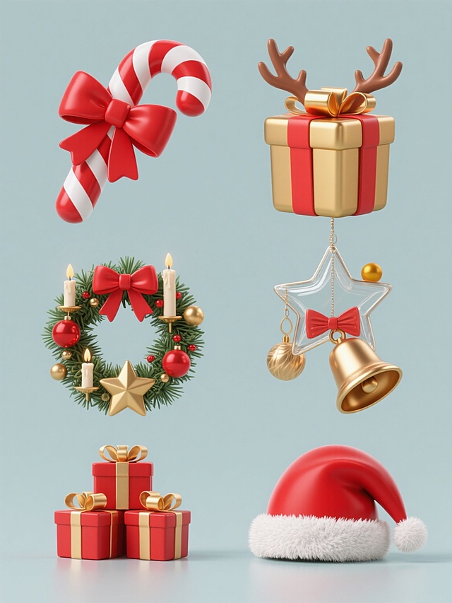 6个完全不同材质的圣诞元素系列素材集合，同元素同造型规整排布，3D立体风格，纯色背景。包含红白条纹拐杖糖配红色和金色蝴蝶结、带红色丝带金色礼物盒配松枝和圣诞球、圣诞花环配蜡烛和金色星星、红色礼盒堆配金色蝴蝶结、悬挂的圣诞铃铛星星和彩球装饰、红色圣诞帽配白色绒毛边和驯鹿角装饰。每个元素分别采用金属质感、玻璃透明质感、木质纹理、毛绒材质、哑光塑料质感、亮面陶瓷质感，保持3D立体光影效果，各元素造型统一，色彩搭配协调，整体设计简洁明快，适合作为节日装饰素材使用。