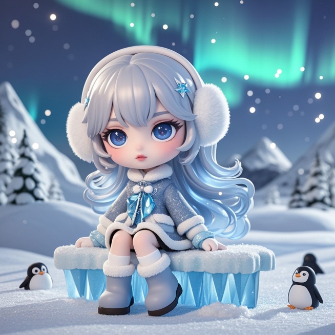 卡通少女，银灰色长发戴着毛绒耳罩，穿着毛呢斗篷和雪地靴，坐在冰晶长椅上。背景是极光雪山，企鹅，雪花和星光缓缓飘落。色彩以冰蓝、银白为主，柔和的冷色调，梦幻而宁静预览效果
