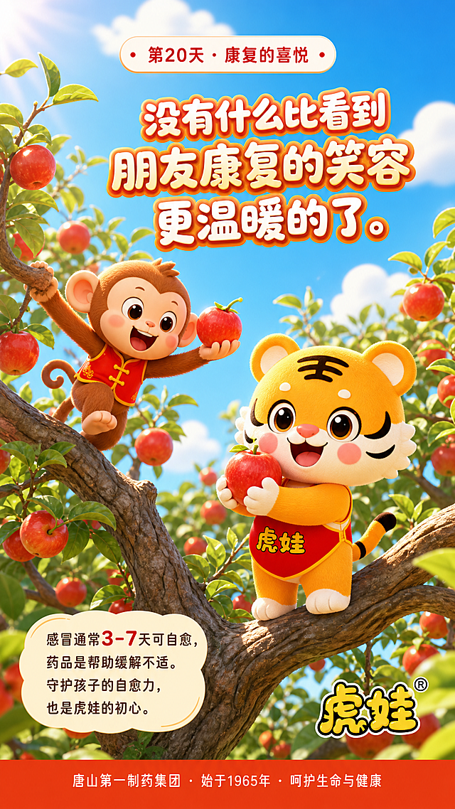 朋友圈每日一签海报，9:16竖版。以参考图中的虎娃IP形象（橙色小老虎，红色肚兜写有虎娃二字，额头王字，圆润可爱3D风格）为主角，虎娃和恢复活力的小猴子一起在果树上开心地摘果子，小猴子灵活地在树枝间跳跃，虎娃站在树杈上捧着果子大笑，两个小伙伴都充满活力，脸上洋溢着灿烂的笑容。树上结满了红彤彤的果子，阳光明媚，蓝天白云。顶部圆角日签标签：'第20天 · 康复的喜悦'。中部旁白：'没有什么比看到朋友康复的笑容更温暖的了。' 底部产品文案：'感冒通常3-7天可自愈，药品是帮助缓解不适。守护孩子的自愈力，也是虎娃的初心。' 右下角虎娃品牌logo。最底部企业落款：'唐山第一制药集团 · 始于1965年 · 呵护生命与健康'。儿童绘本风格，明亮暖色调，欢乐治愈氛围。